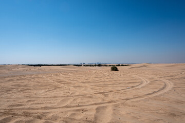 Al Qudra empty quarter seamless desert sahara in Dubai UAE middle east with wind paths and sand dunes hills under gray cloudy sky 