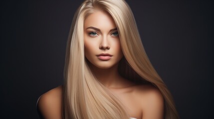 Pretty woman in medium blonde and straight upholstered hair 
