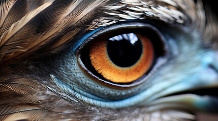 A detailed view of an animal's beak and eye that is covered in feathers. - obrazy, fototapety, plakaty