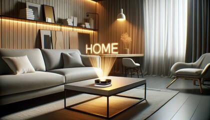 Modern Living Room with Holographic 'HOME' Display