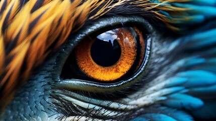 A detailed view of an animal's beak and eye that is covered in feathers. - obrazy, fototapety, plakaty