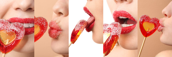 Collage of beautiful young woman with red sugar lips and lollipops, closeup - obrazy, fototapety, plakaty