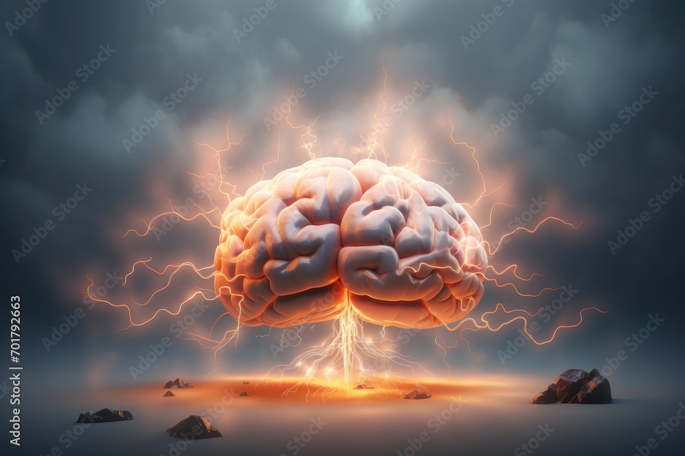 Poster brainstorming concept, 3d rendering of human brain with lightning, brainstorming concept illustrated