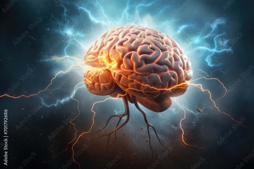 Poster brainstorming concept. 3d rendering of human brain and lightning, brainstorming concept illustrated 