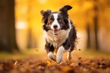 Fototapeta premium Border Collie dog running in autumn park. Fall season concept, Border collie dog running in the autumn meadow, Pet animals enjoying the outdoors, AI Generated