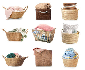 Set of wicker baskets with laundry isolated on white