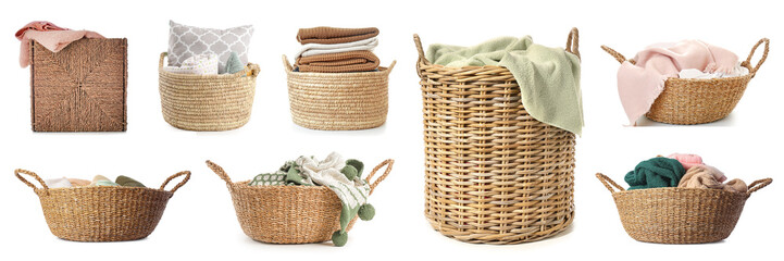 Set of many different wicker baskets with laundry isolated on white