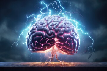 Human brain on wooden table and stormy sky background. 3D Rendering, Brainstorming concept illustrated with a 3D rendering of a human brain accompanied by lightning, AI Generated
