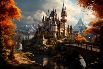 Fairytale castle among the mountains along the river