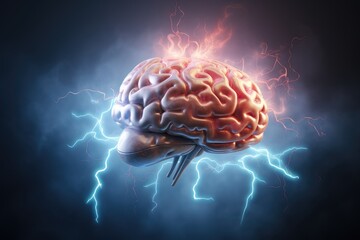 Fototapeta premium Human brain with thunderbolt on dark background. 3D illustration, Brainstorming concept illustrated with a 3D rendering of a human brain accompanied by lightning, AI Generated