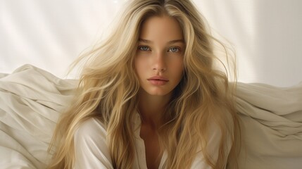 Realistic picture: imperfect woman in medium blonde and upholstered hair, white background 