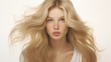 Obraz premium Realistic picture: imperfect woman in medium blonde and upholstered hair, white background 