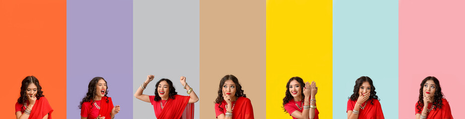 Set of pretty Indian woman in different mood on color background