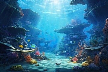 Underwater scene with coral reef and fish. 3d render illustration, AI Generated