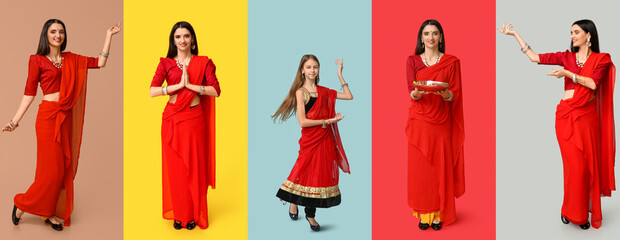 Set of beautiful Indian woman and teenage girl on color background