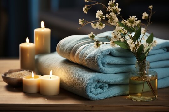 Photo of a rejuvenating spa massage table with rolled towels. Generative AI