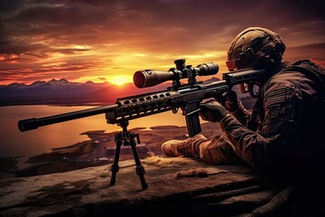 Soldier with a sniper rifle on the background of the setting sun, AI Generated - obrazy, fototapety, plakaty