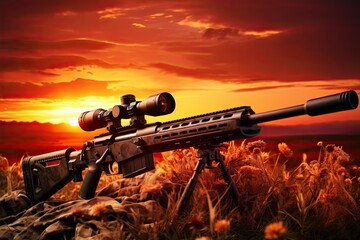 Rifle with scope in the field at sunset. 3d render, AI Generated - obrazy, fototapety, plakaty