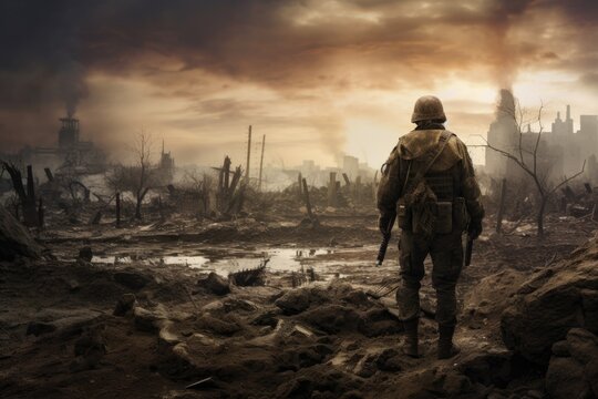 War Concept. Military silhouettes fighting scene on war fog sky background, World War Soldiers Silhouettes Below Cloudy Skyline At night. Attack scene. Armored vehicles, AI Generated