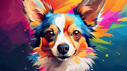 An adorable dog with a graphic background that is abstract and colorful.
