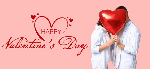 Banner for Valentine's Day with happy young couple holding heart-shaped balloon on pink background