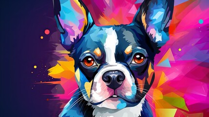 An adorable dog with a graphic background that is abstract and colorful.