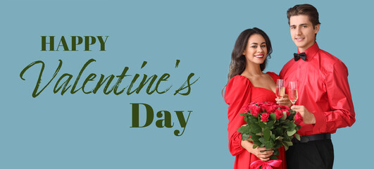 Banner for Valentine's Day with happy young couple holding flowers and champagne on blue background