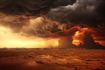 Thunderstorm over the desert at sunset. 3d render illustration, AI Generated
