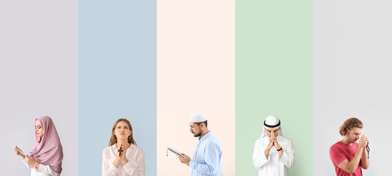 Set of representatives of Islam and Christianity on color background