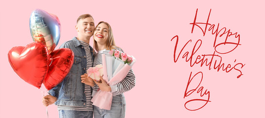 Young couple with balloons in shape of hearts, gift and flowers on pink background. Banner for...