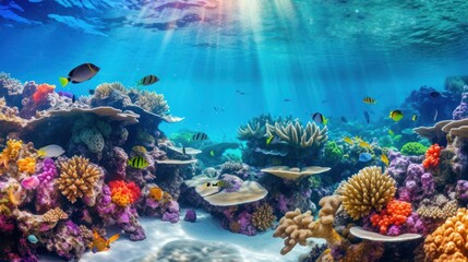 Naklejka na ściany i meble Beautiful underwater scenery with various types of fish and coral reefs