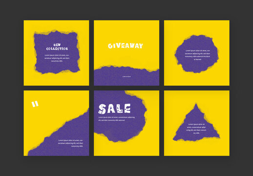 Social Media Layouts With Yellow and Purple Torn Paper Design