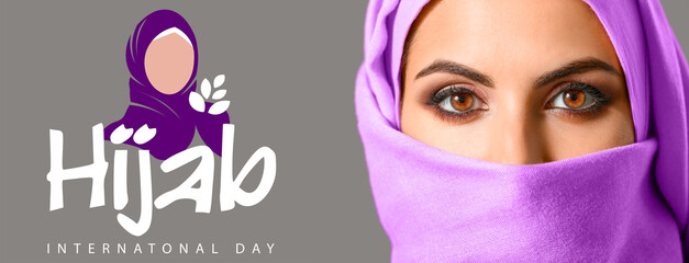 Banner for International Day of Purple Hijab with Muslim woman on grey background