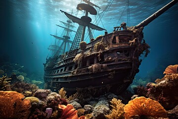 Pirate ship in deep blue sea with corals and algae, AI Generated