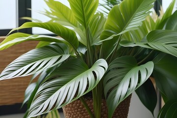 Zoom in on the details of the leaves and textures of a lush indoor plant, bringing a touch of nature indoors, background image, generative AI
