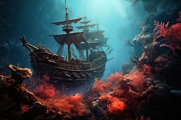 Foto auf Leinwand Underwater view of a sunken pirate ship on the coral reef, AI Generated © Iftikhar alam