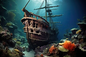 Sunken pirate ship on the coral reef in the Red Sea, AI Generated
