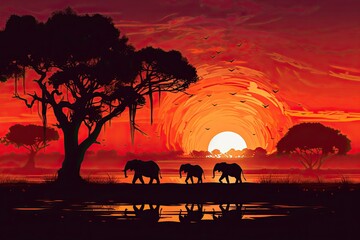 African landscape with elephants at sunset, vector illustration for your design, AI Generated