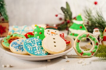 Homemade decorated assorted holiday sugar cookies, selective focus