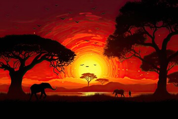 African landscape with elephants at sunset. Vector illustration for your design, AI Generated