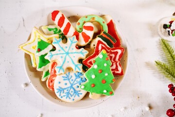 Homemade decorated assorted holiday sugar cookies, selective focus