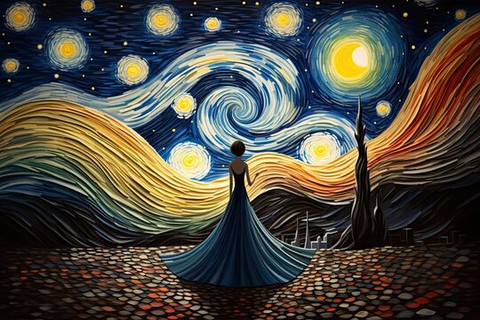 Wedding dress on the background of the night sky with stars, AI Generated