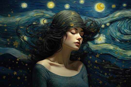 Beautiful woman with long black hair and stars in the night sky, AI Generated