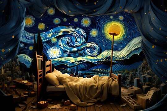 Night scene in a room with moon and stars, 3d illustration, AI Generated
