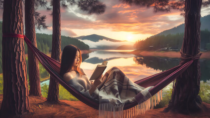Woman Reading in a Hammock in the Mountains at Dawn