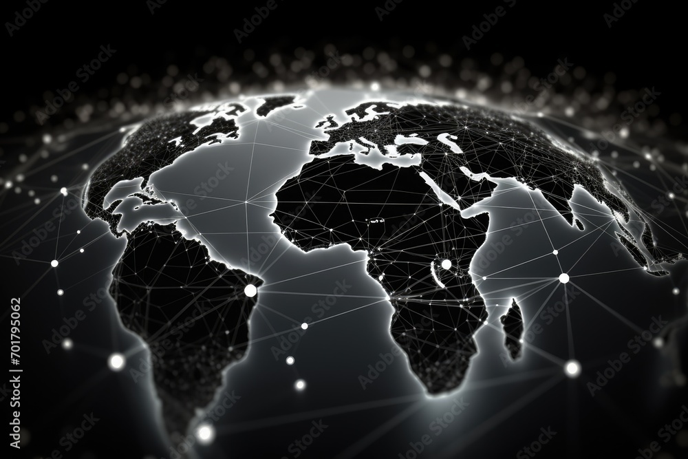 Poster global network connection over the world map. 3d rendering toned image, ai generated