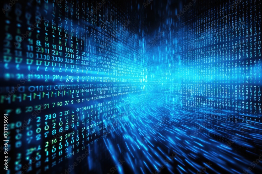 Poster binary code on a dark blue background, computer generated abstract background, 3d render, ai generat