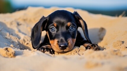 Beautiful dog of dachshund, black and tan, buried in the sand at the beach sea on summer vacation
