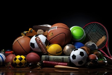 Sports equipment on a black background. Sports equipment. Sports equipment, AI Generated