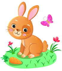 Red bunny sitting on the grass with carrot, pink butterfly and flowers